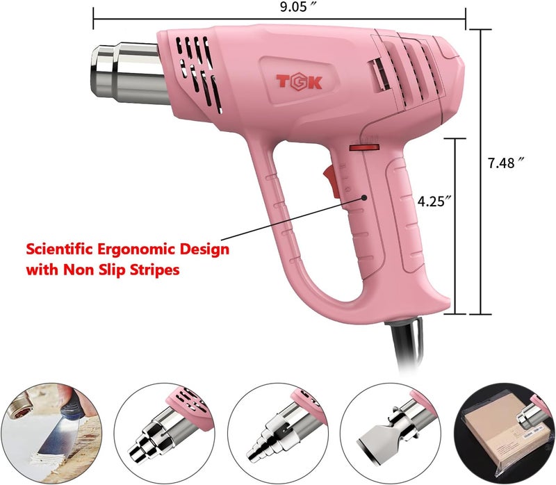 TGK Heat Gun, ® 1800W Heavy Duty Hot Air Gun Kit 122℉~1202℉ Dual Temperature Settings with 6 Nozzle Attachments Overload Protection for Crafts, Shrink Wrapping/Tubing, Paint Removing, Epoxy Resin - Image 4